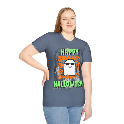 Spooky Happy Halloween Ghost Dark colors Green font Unisex T-Shirt by CreepyCrafts.boo