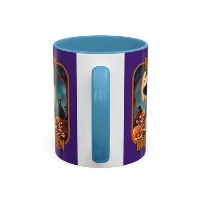 Happy Halloween Cute Witch Orange font Purple Accent Mug by CreepyCrafts.boo
