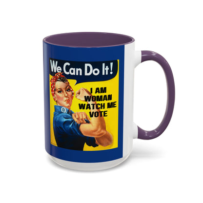 I Am Woman Watch Me Vote Rosie Dark Blue Accent Mug by cypherpunkgear.com