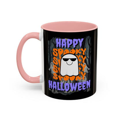 Spooky Happy Halloween Ghost Purple font Black Accent Mug by CreepyCrafts.boo