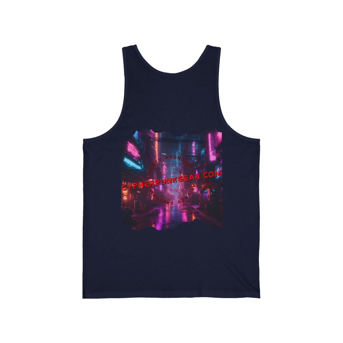 2-sided, cypherpunkgear.com Logo & Cityscape Unisex Jersey Tank Top by cypherpunkgear.com