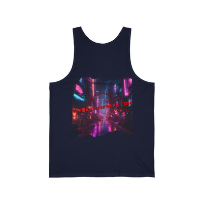 2-sided, cypherpunkgear.com Logo & Cityscape Unisex Jersey Tank Top by cypherpunkgear.com