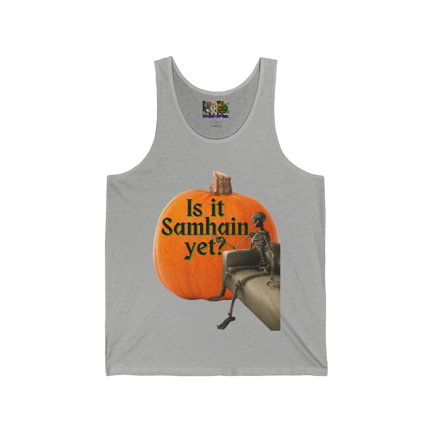 Is It Samhain Yet? Skeleton's Giant Pumpkin Unisex Jersey Tank Top by CreepyCrafts.boo