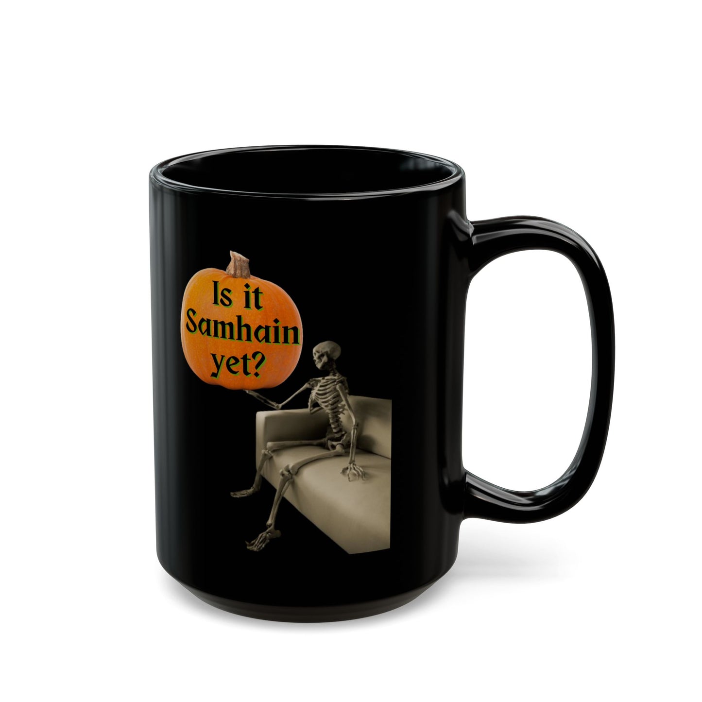 Waiting for Samhain Skeleton Black Mug by cypherpunkgear