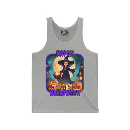 Happy Halloween Little Witch Purple font Unisex Jersey Tank Top by CreepyCrafts.boo