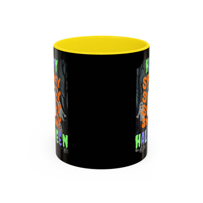 Spooky Happy Halloween Ghost Mixed font Black Accent Mug by CreepyCrafts.boo