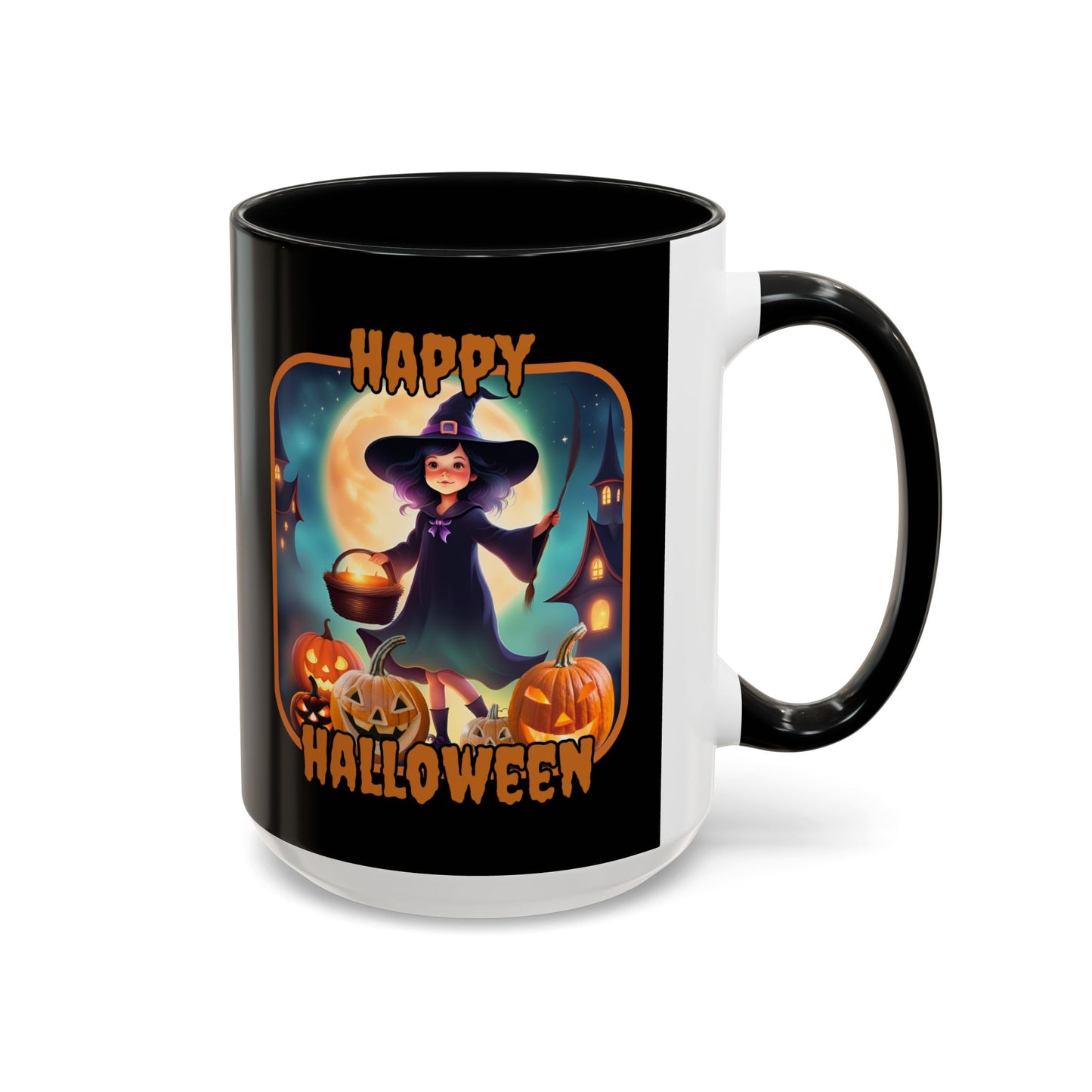 Happy Halloween Little Witch Orange font Black Accent Mug by CreepyCrafts.boo