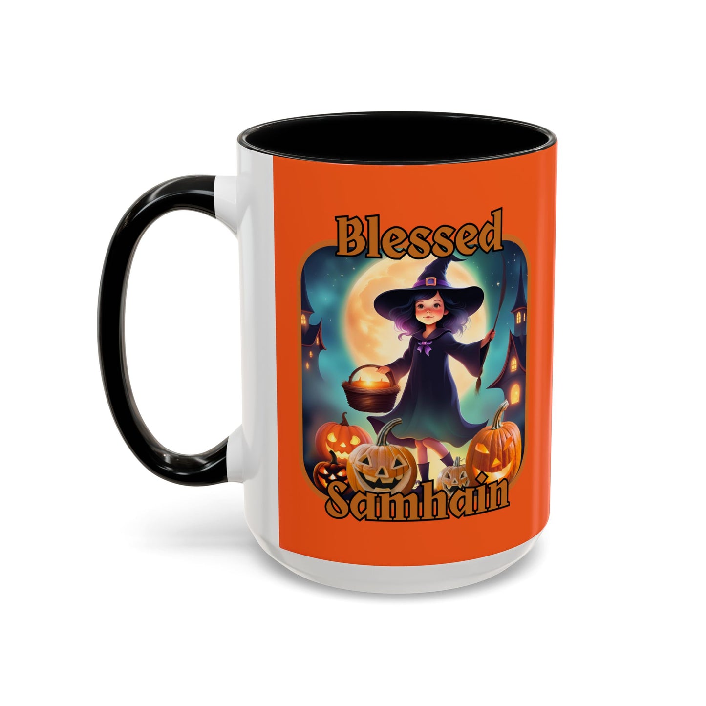 Blessed Samhain Little Witch Orange font Orange Accent Mug by CreepyCrafts.boo