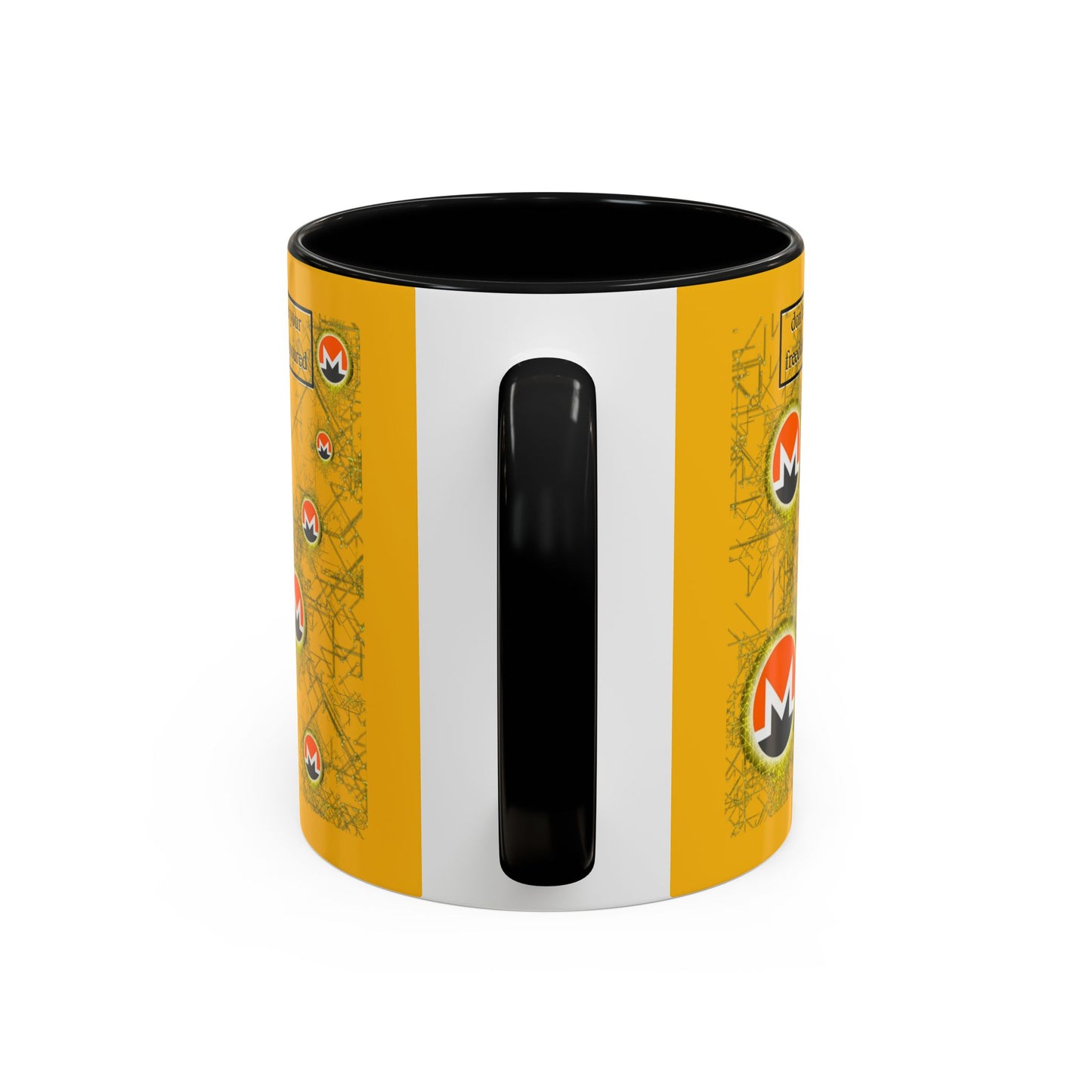 Monero (XMR) don't assume your freedoms are assured Yellow Accent Mug by cypherpunkgear.com