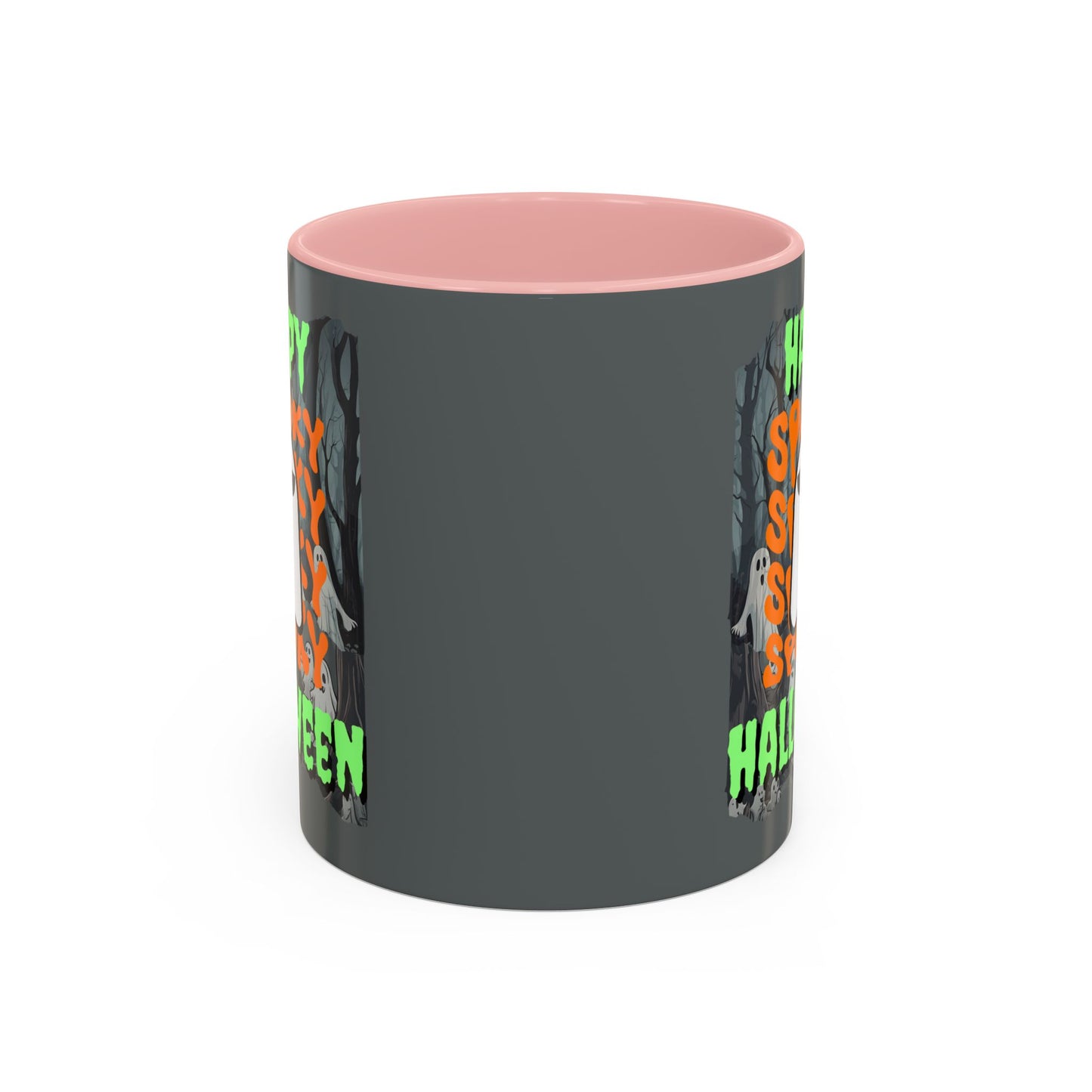 Spooky Happy Halloween Ghost Green font Grey Accent Mug by CreepyCrafts.boo