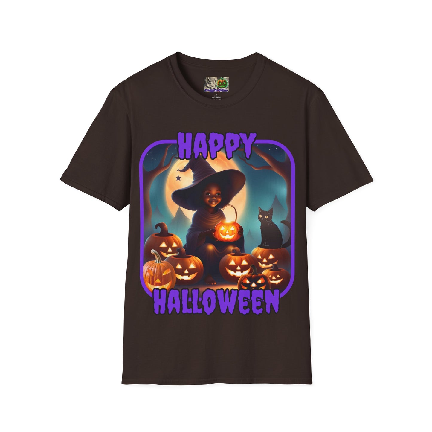 Happy Halloween Cute Witch Purple font Dark colors Unisex T-Shirt by CreepyCrafts.boo