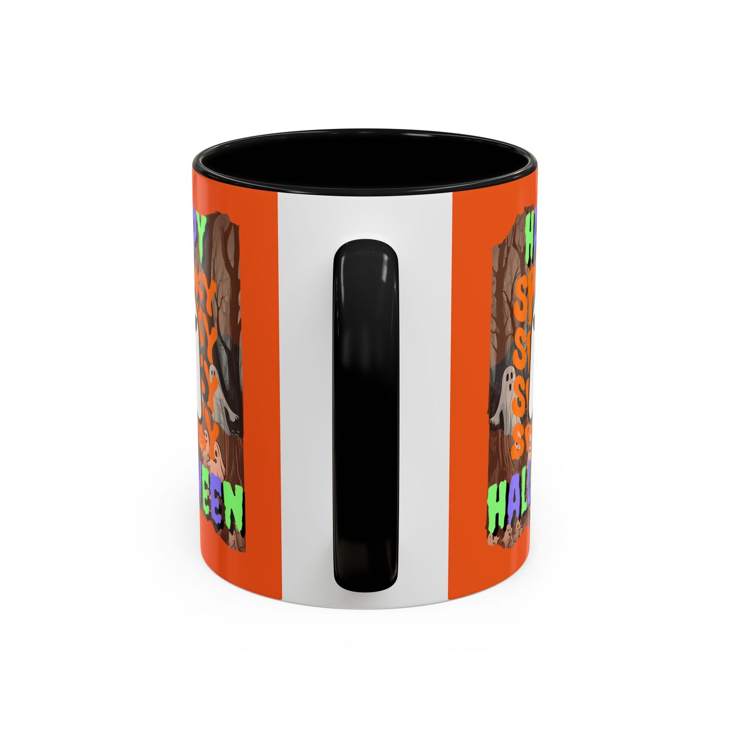 Spooky Happy Halloween Ghost Mixed font Orange Accent Mug by CreepyCrafts.boo