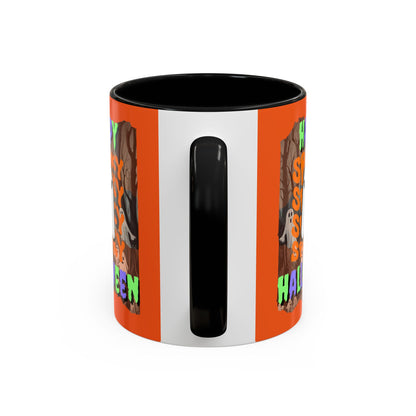Spooky Happy Halloween Ghost Mixed font Orange Accent Mug by CreepyCrafts.boo