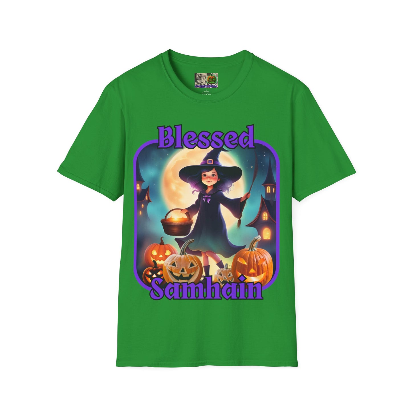 Blessed Samhain Little Witch Purple font Dark colors Unisex T-Shirt by CreepyCrafts.boo