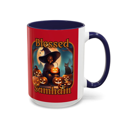Blessed Samhain Cute Witch Orange font Red Accent Mug by CreepyCrafts.boo