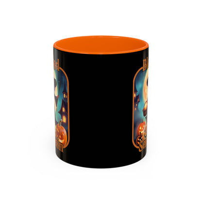Blessed Samhain Little Witch Orange font Black Accent Mug by CreepyCrafts.boo