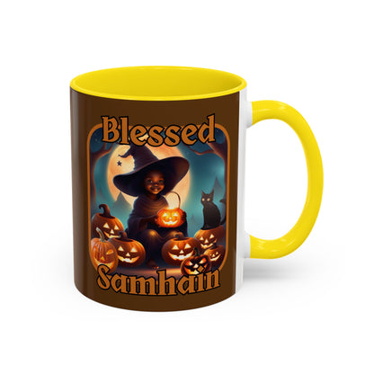 Blessed Samhain Cute Witch Orange font Brown Accent Mug by CreepyCrafts.boo