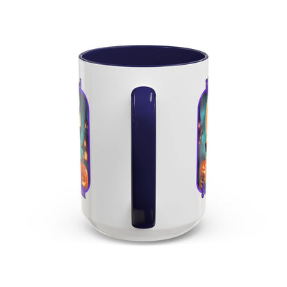 Blessed Samhain Little Witch Purple font White Accent Mug by CreepyCrafts.boo
