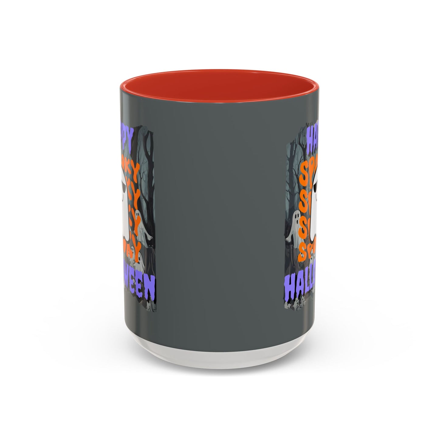 Spooky Happy Halloween Ghost Purple font Grey Accent Mug by CreepyCrafts.boo