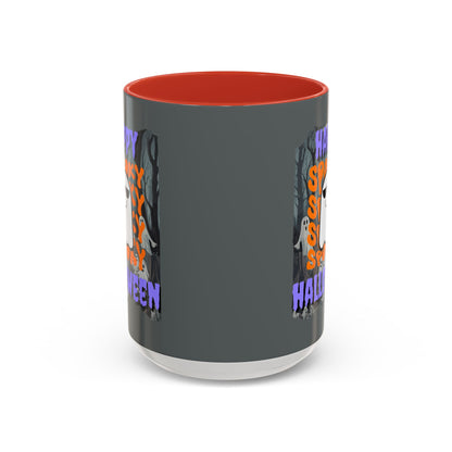 Spooky Happy Halloween Ghost Purple font Grey Accent Mug by CreepyCrafts.boo