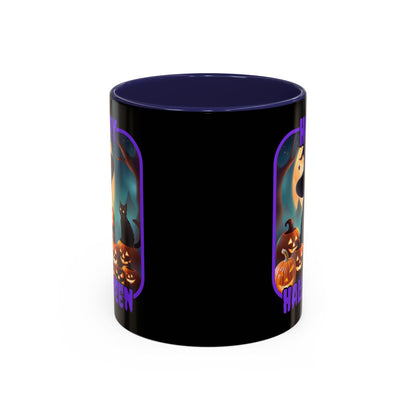 Happy Halloween Cute Witch Purple font Black Accent Mug by CreepyCrafts.boo