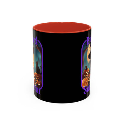 Blessed Samhain Cute Witch Purple font Black Accent Mug by CreepyCrafts.boo