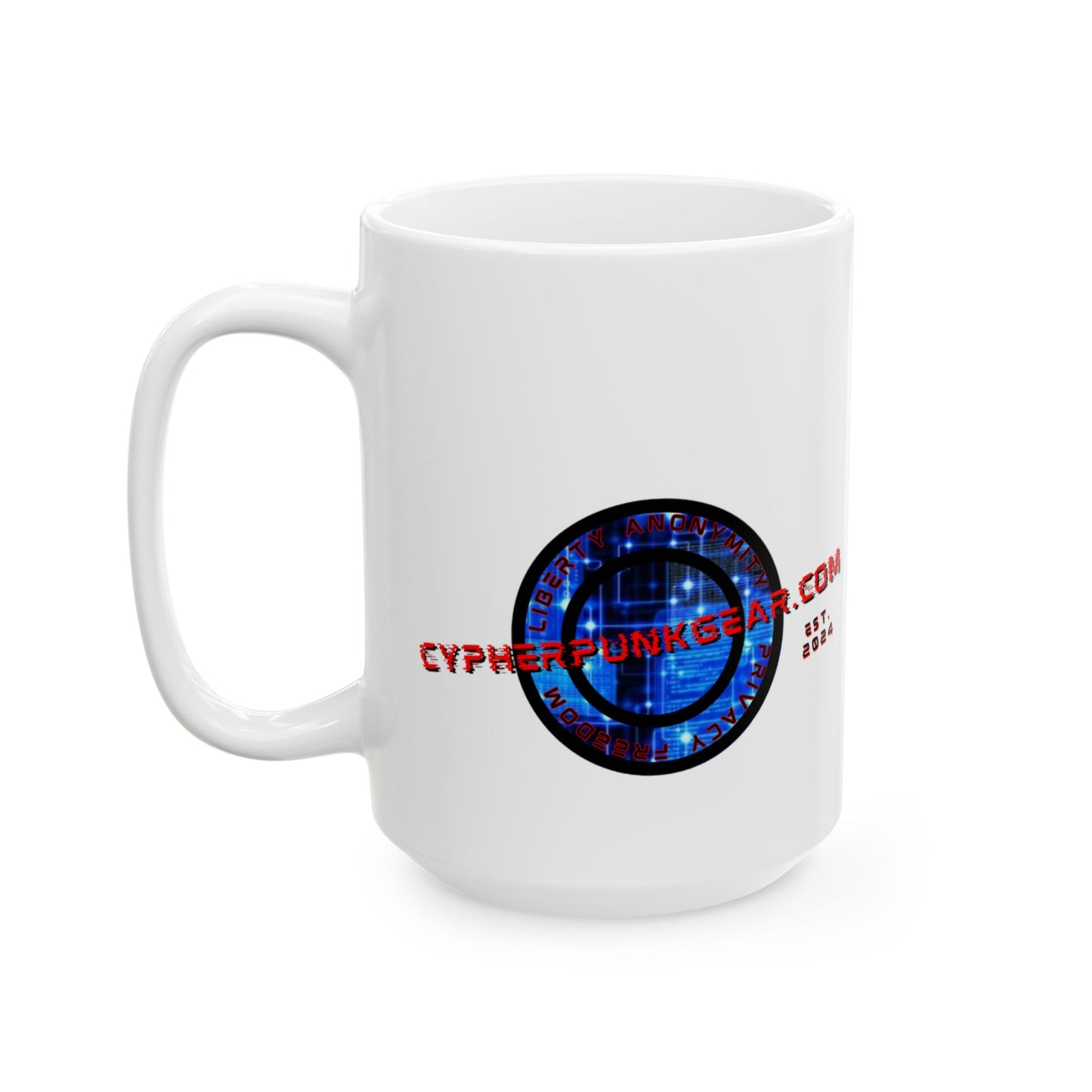 2-sided, cypherpunkgear.com Logo & Cityscape White Mug by cypherpunkgear.com