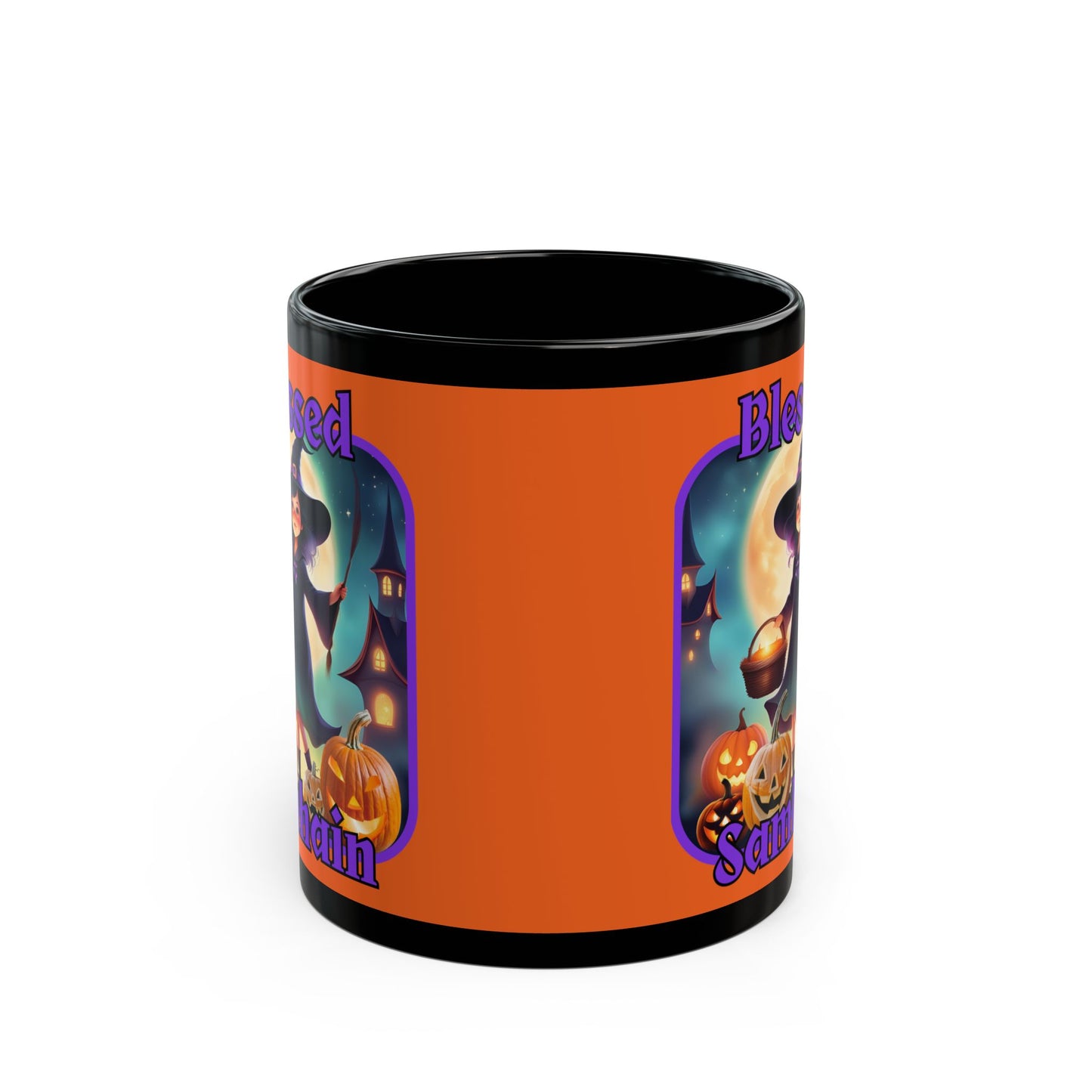 Blessed Samhain Little Witch Purple font Orange Mug by CreepyCrafts.boo