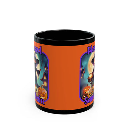 Blessed Samhain Little Witch Purple font Orange Mug by CreepyCrafts.boo