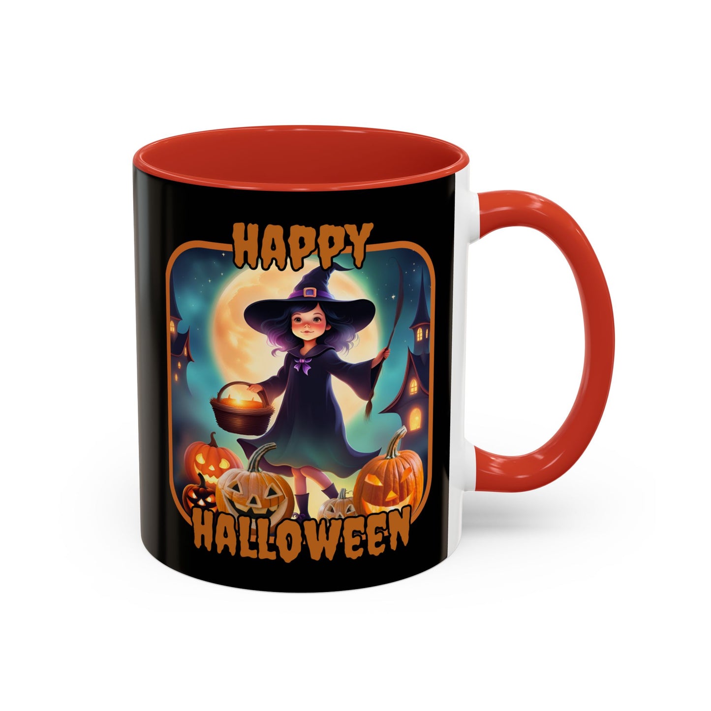 Happy Halloween Little Witch Orange font Black Accent Mug by CreepyCrafts.boo
