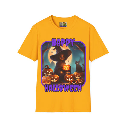 Happy Halloween Cute Witch Purple font Light colors Unisex T-Shirt by CreepyCrafts.boo