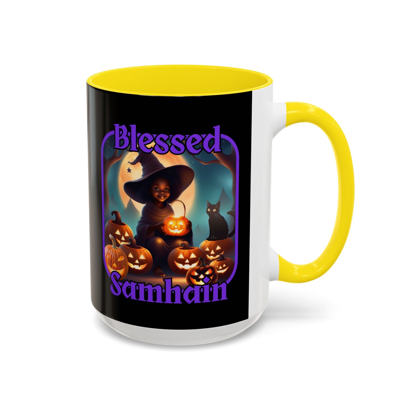 Blessed Samhain Cute Witch Purple font Black Accent Mug by CreepyCrafts.boo