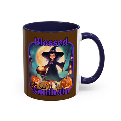 Blessed Samhain Little Witch Purple font Brown Accent Mug by CreepyCrafts.boo