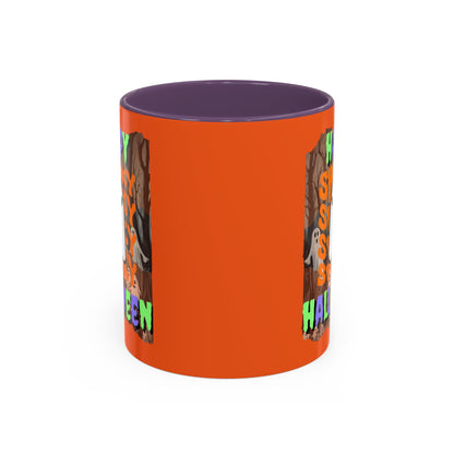 Spooky Happy Halloween Ghost Mixed font Orange Accent Mug by CreepyCrafts.boo