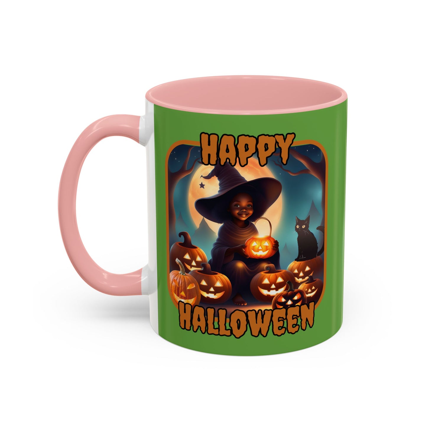 Happy Halloween Cute Witch Orange font Green Accent Mug by CreepyCrafts.boo