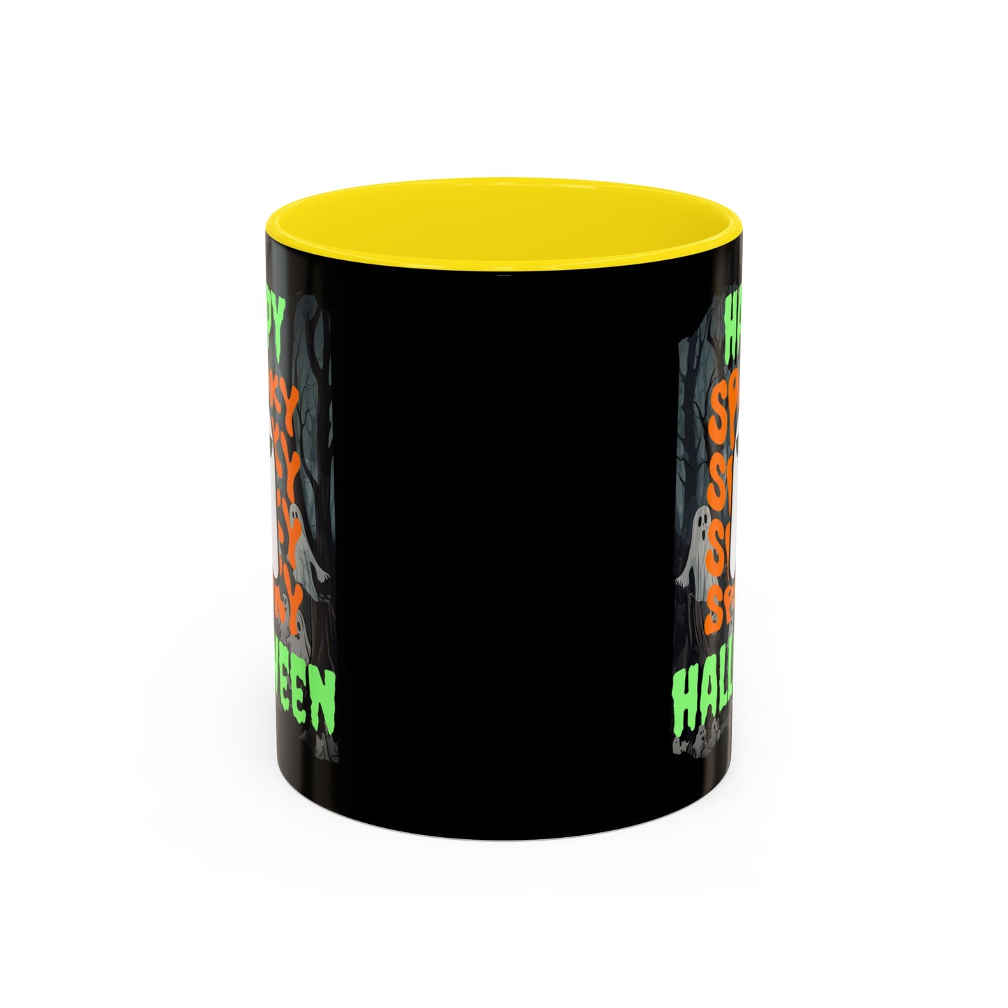 Spooky Happy Halloween Ghost Green font Black Accent Mug by CreepyCrafts.boo