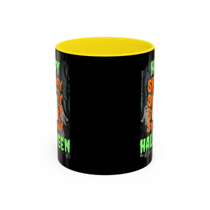Spooky Happy Halloween Ghost Green font Black Accent Mug by CreepyCrafts.boo
