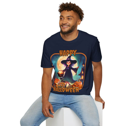 Happy Halloween Little Witch Orange font, Dark colors, Unisex T-Shirt by CreepyCrafts.boo