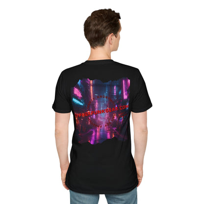 2-sided, cypherpunkgear.com Logo & Cityscape Dark colors Unisex T-Shirt by cypherpunkgear.com