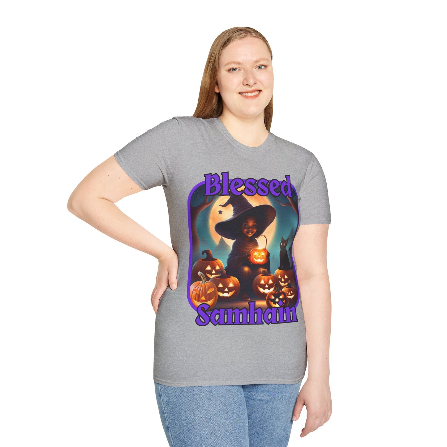Blessed Samhain Cute Witch Purple font Light colors Unisex T-Shirt by CreepyCrafts.boo