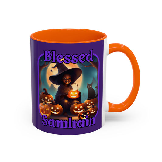 Blessed Samhain Cute Witch Purple font Purple Accent Mug by CreepyCrafts.boo