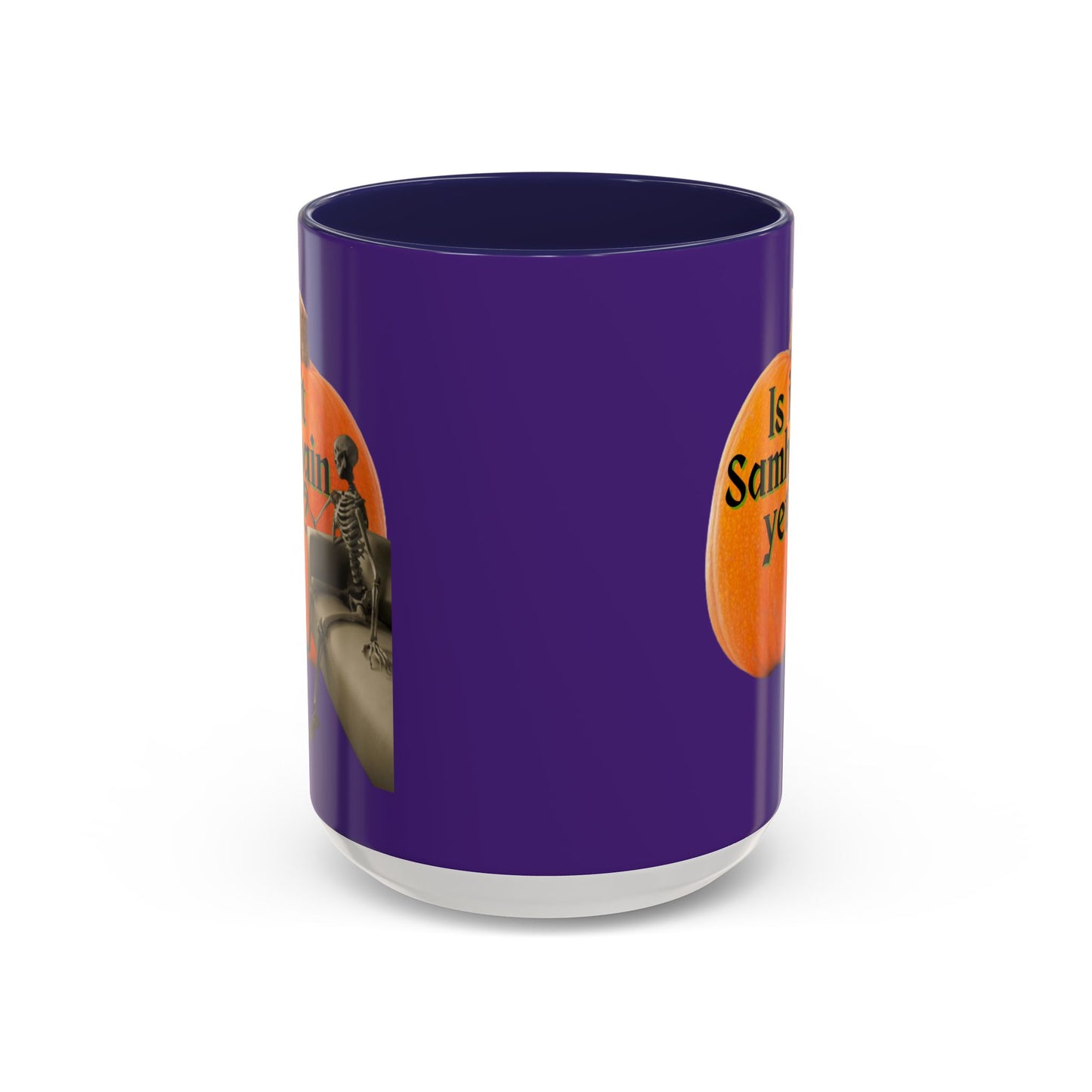 Is It Samhain Yet? Skeleton's Giant Pumpkin Purple Accent Mug by CreepyCrafts.boo