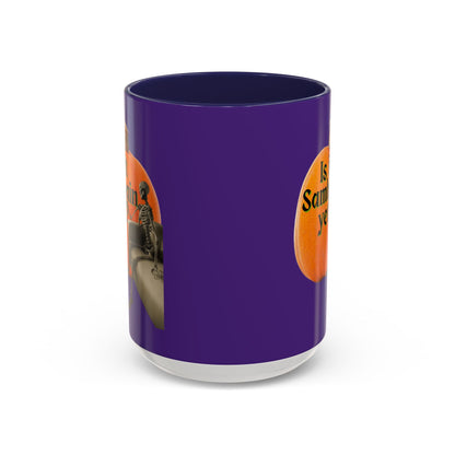 Is It Samhain Yet? Skeleton's Giant Pumpkin Purple Accent Mug by CreepyCrafts.boo
