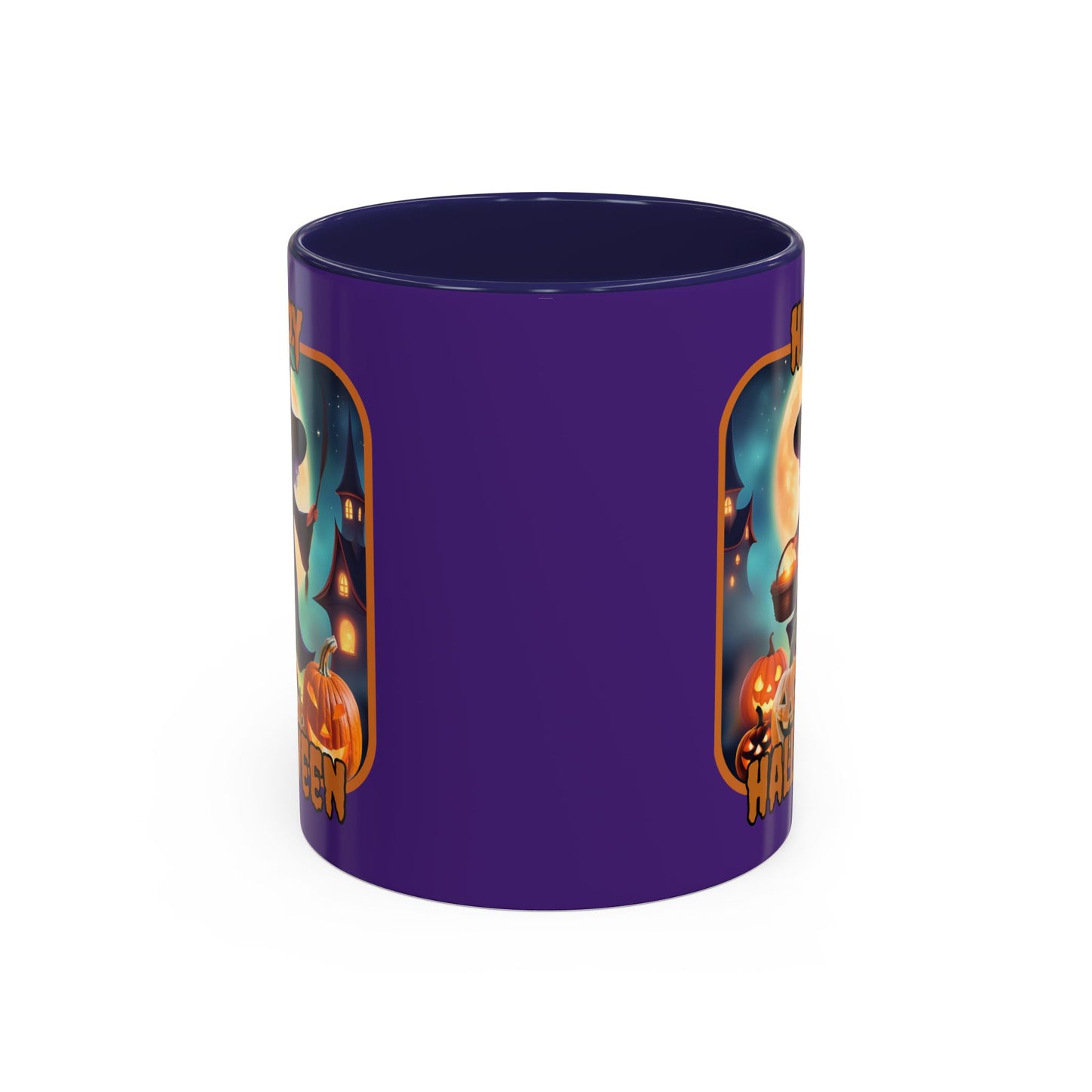 Happy Halloween Little Witch Orange font Purple Accent Mug by CreepyCrafts.boo