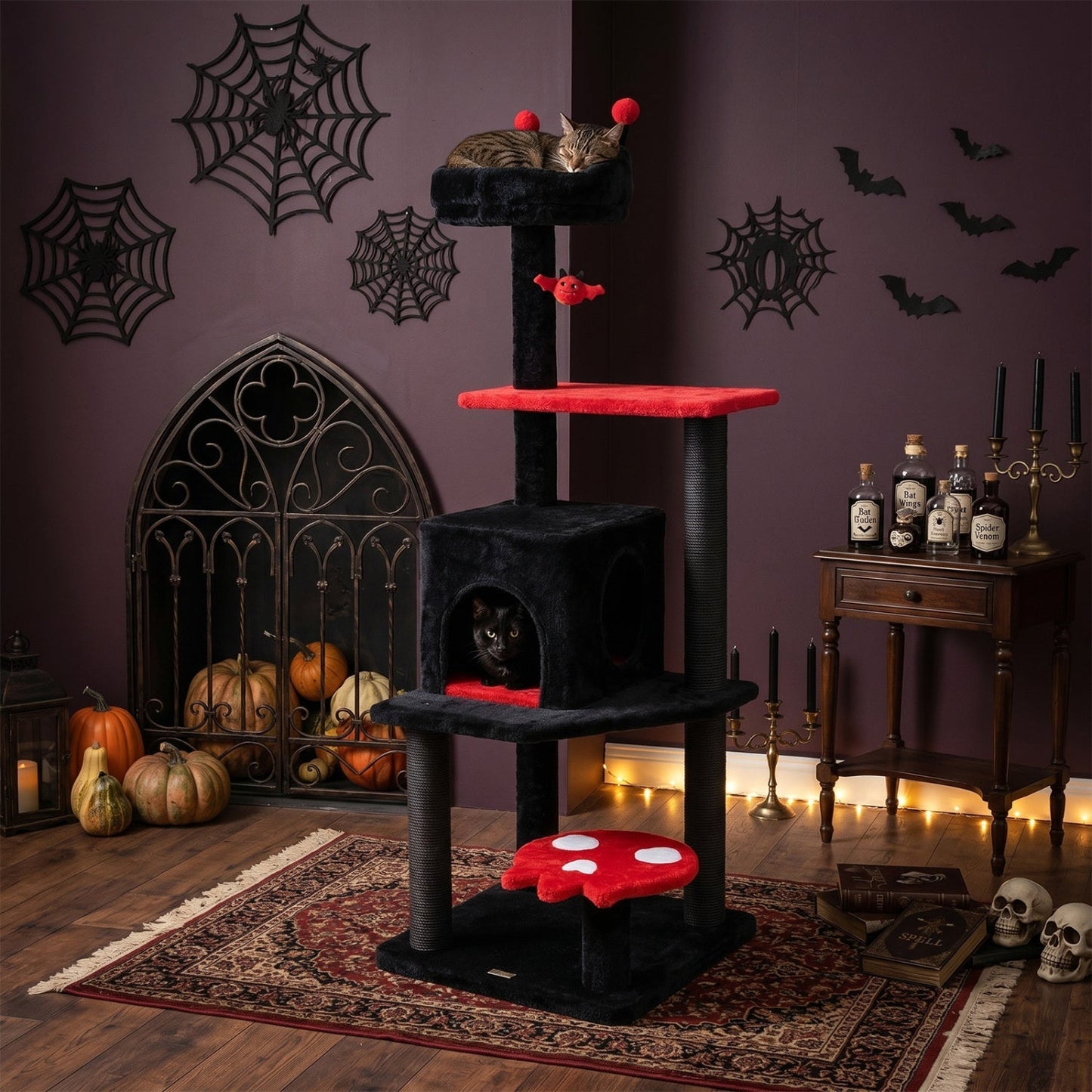 57" Gothic Cat Tower with Padded Perch and Spider Toy