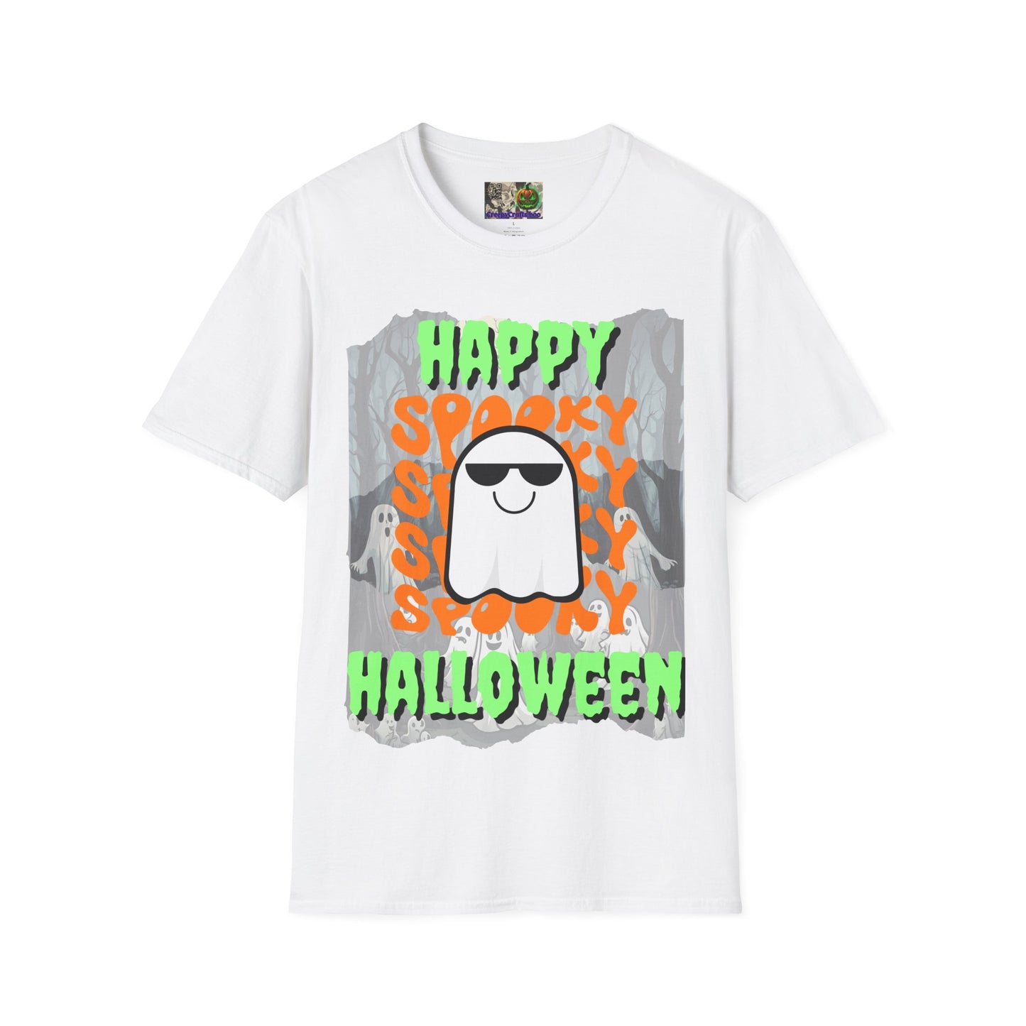 Spooky Happy Halloween Ghost Light colors Green font Unisex T-Shirt by CreepyCrafts.boo
