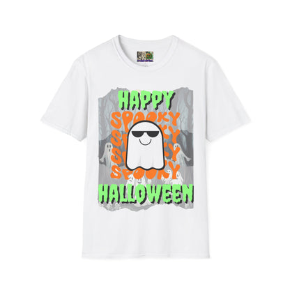 Spooky Happy Halloween Ghost Light colors Green font Unisex T-Shirt by CreepyCrafts.boo