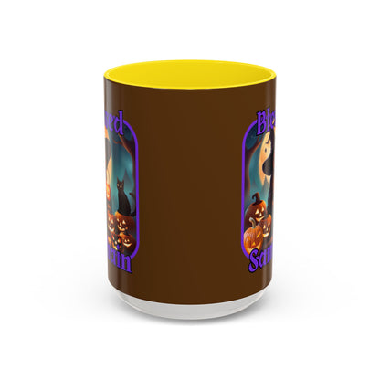 Blessed Samhain Cute Witch Purple font Brown Accent Mug by CreepyCrafts.boo