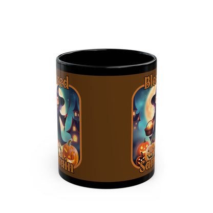 Blessed Samhain Little Witch Orange font Brown Mug by CreepyCrafts.boo