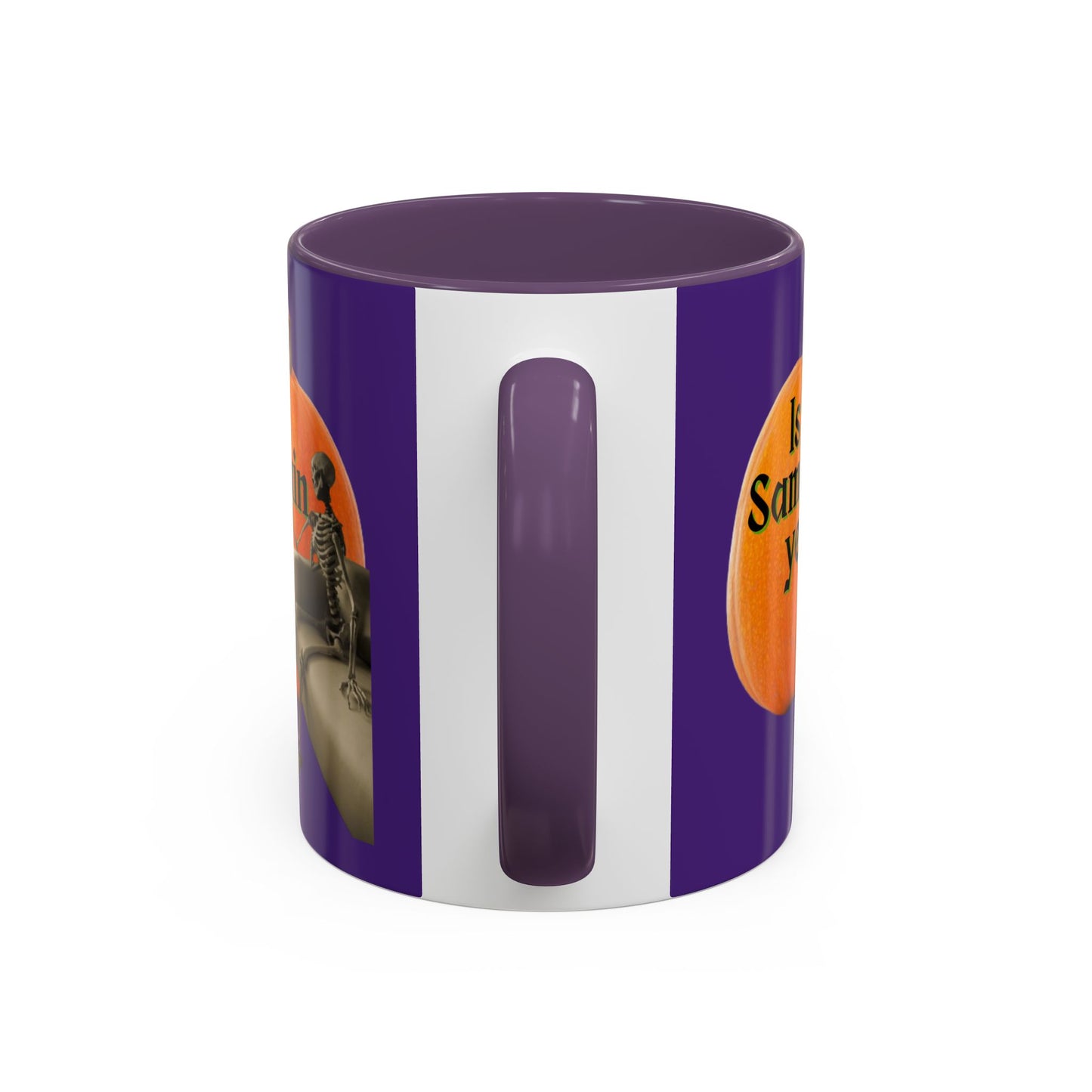 Is It Samhain Yet? Skeleton's Giant Pumpkin Purple Accent Mug by CreepyCrafts.boo